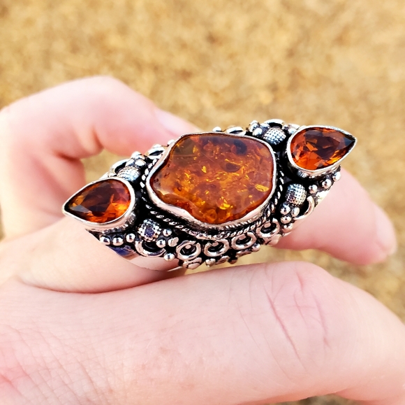New Baltic Amber & Citrine 925 Silver Statement Ring. - Picture 11 of 13